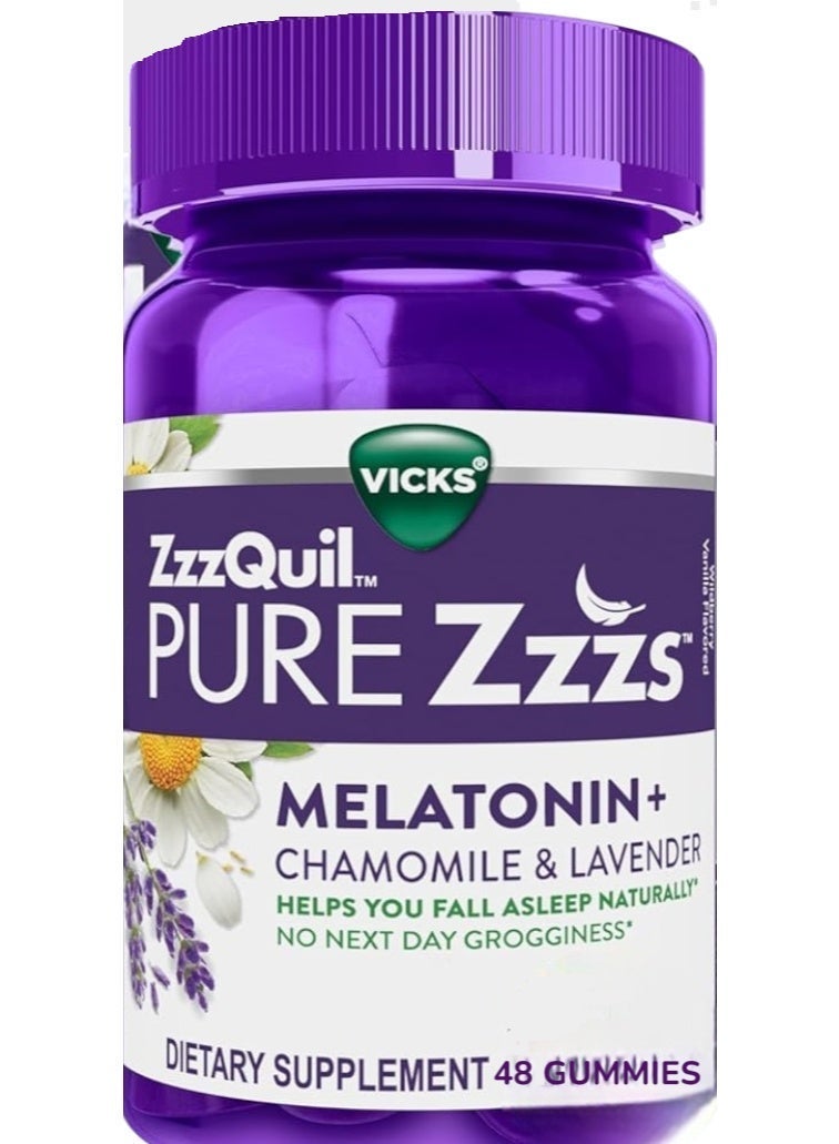 Vicks ZzzQuil PURE Zzzs, Melatonin+Chamomile & Lavender Melatonin 2mg, 48 Gummies - Image 1